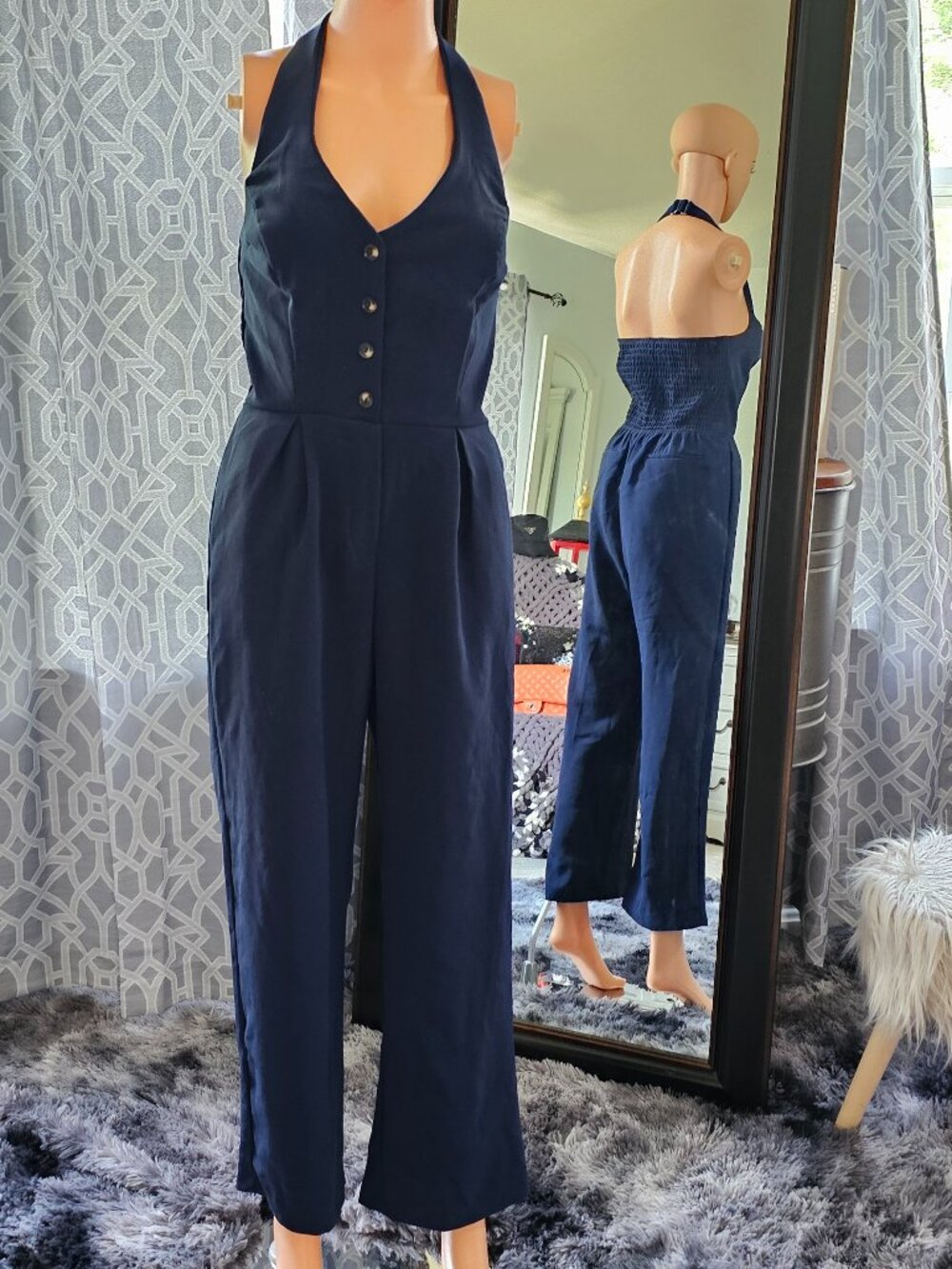 Monteau Los Angeles Navy Halter Wide‑Leg Jumpsuit – Size XS - NWT